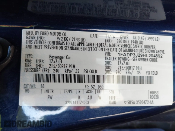 2017 Ford Focus Titanium with VIN 1FADP3J29HL204892, listed as a IAAI auction lot 42032705 with 119,028 mi miles and . Bid and sale history available at DreamBid. Image 9.