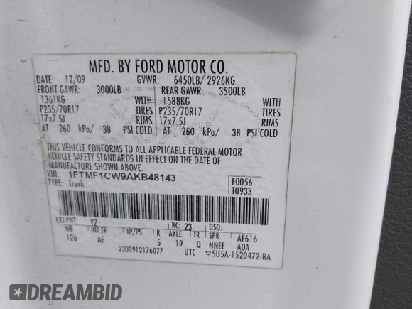 2010 Ford F-150 XL с VIN 1FTMF1CW9AKB48143, выставлен на аукционе IAAI как лот 42518140 с пробегом 203 603 миль миль и . История ставок и продаж доступна на DreamBid. Изображение 9.