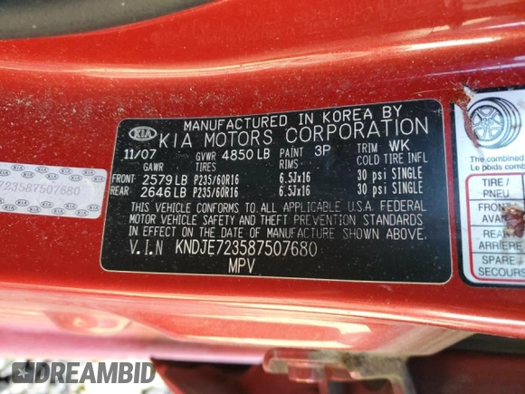 2008 Kia Sportage LX with VIN KNDJE723587507680, listed as a Copart auction lot 47642535 with 146,138 mi miles and Salvage Title. Bid and sale history available at DreamBid. Image 13.