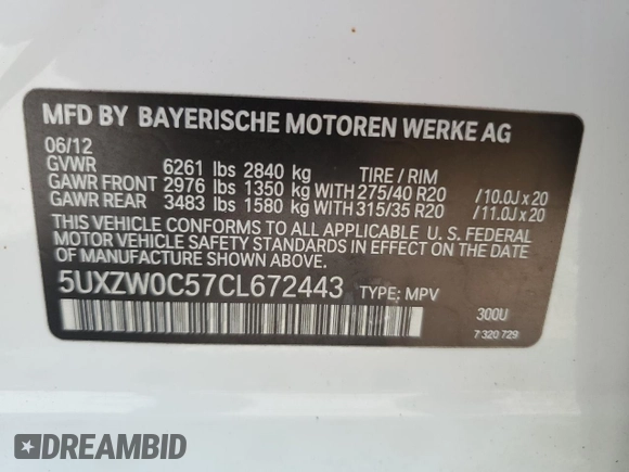 2012 BMW X5 35d with VIN 5UXZW0C57CL672443, listed as a Copart auction lot 55689215 with 247,014 mi miles and Clean title. Bid and sale history available at DreamBid. Image 13.