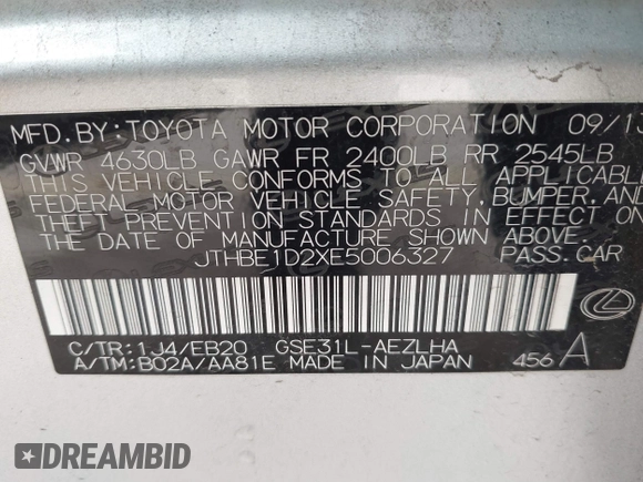 2014 Lexus IS 350 with VIN JTHBE1D2XE5006327, listed as a IAAI auction lot 41340579 with 171,903 mi miles and . Bid and sale history available at DreamBid. Image 9.