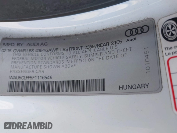 2015 Audi A3 1.8T Premium Plus with VIN WAU5CLFF5F1116546, listed as a IAAI auction lot 41782505 with 55,712 mi miles. Bid and sale history available at carsss.com. Image 9.