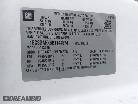 2011 Chevrolet Express Cargo with VIN 1GCSGAFX6B1144874, listed as a IAAI auction lot 41868850 with 201,347 mi miles and . Bid and sale history available at DreamBid. Image 9.