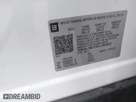 2019 GMC Terrain SLE with VIN 3GKALMEV5KL364822, listed as a IAAI auction lot 42454349 with 59,603 mi miles and . Bid and sale history available at DreamBid. Image 9.