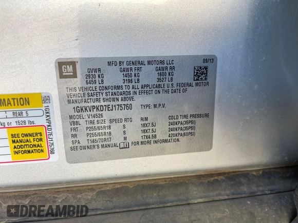 2014 GMC Acadia SLE with VIN 1GKKVPKD7EJ175760, listed as a Copart auction lot 57103515 with 100,172 mi miles and Clean title. Bid and sale history available at DreamBid. Image 10.