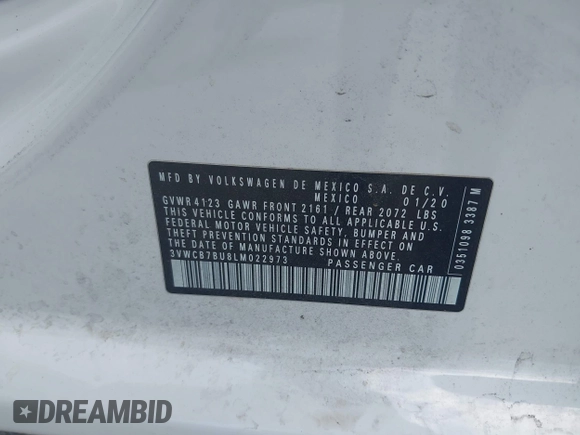 2020 Volkswagen Jetta S z VIN 3VWCB7BU8LM022973, wystawiony jako IAAI lot #42112166 z przebiegiem 49 345 mil mil oraz . Historia ofert i sprzedaży dostępna na DreamBid. Obrazek 9.