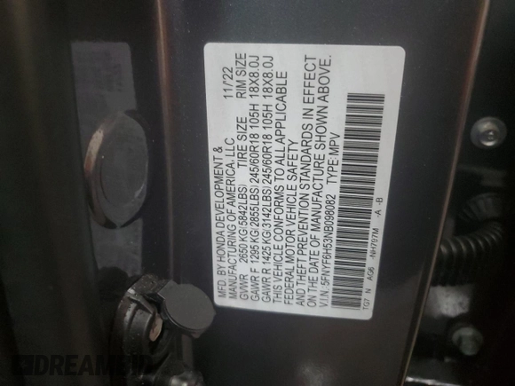 2022 Honda Pilot EX-L with VIN 5FNYF6H53NB098082, listed as a Copart auction lot 57994925 with 44,945 mi miles and Salvage title. Bid and sale history available at DreamBid. Image 13.