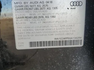 2016 Audi SQ5 Premium Plus with VIN WA1CCAFP5GA134256, listed as a Copart auction lot 86402474 with 131,599 mi miles and Salvage Title. Bid and sale history available at carsss.com. Image 13.