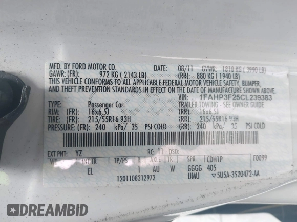 2012 Ford Focus SE with VIN 1FAHP3F25CL239383, listed as a IAAI auction lot 41656033 with 127,011 mi miles and . Bid and sale history available at DreamBid. Image 9.