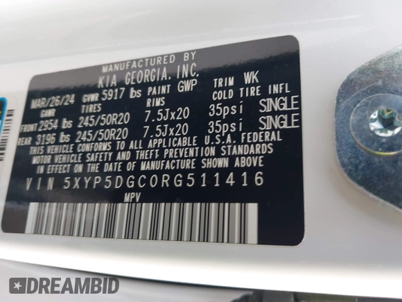 2024 Kia Telluride SX Prestige X-Pro with VIN 5XYP5DGC0RG511416, listed as a IAAI auction lot 41927458 with 7,206 mi miles and . Bid and sale history available at DreamBid. Image 9.