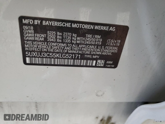 2019 BMW X4 xDrive30i z VIN 5UXUJ3C55KLG52171, wystawiony jako Copart lot #53265515 z przebiegiem 68 346 mil mil oraz Szkoda całkowita • Salvage title. Historia ofert i sprzedaży dostępna na DreamBid. Obrazek 14.