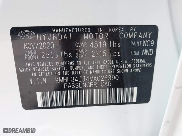 2021 Hyundai Sonata Hybrid SEL with VIN KMHL34JJ4MA026390, listed as a IAAI auction lot 41136913 with 32,439 mi miles. Bid and sale history available at carsss.com. Image 9.