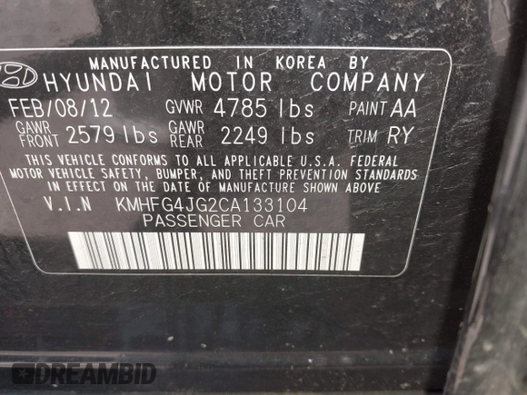 2012 Hyundai Azera with VIN KMHFG4JG2CA133104, listed as a IAAI auction lot 42562933 with Not provided miles and . Bid and sale history available at DreamBid. Image 9.