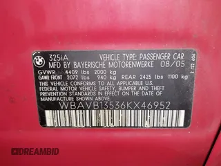2006 BMW 3 Series 325i with VIN WBAVB13536KX46952, listed as a IAAI auction lot 41631283 with 202,504 mi miles and . Bid and sale history available at DreamBid. Image 9.