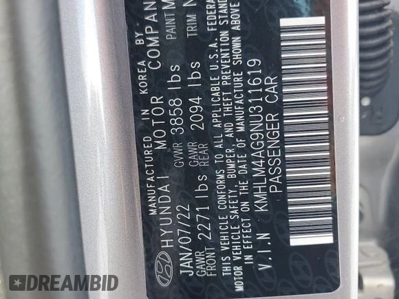 2022 Hyundai Elantra SEL with VIN KMHLM4AG9NU311619, listed as a Copart auction lot 50105495 with 39,170 mi miles and Non Repairable. Bid and sale history available at DreamBid. Image 15.