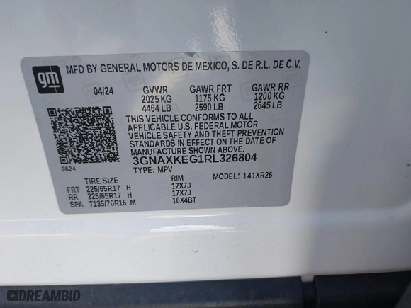2024 Chevrolet Equinox LT with VIN 3GNAXKEG1RL326804, listed as a IAAI auction lot 41701017 with 9,939 mi miles. Bid and sale history available at carsss.com. Image 9.
