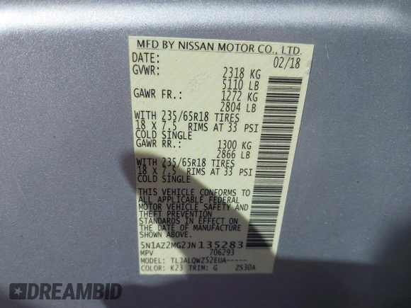 2018 Nissan Murano S with VIN 5N1AZ2MG2JN135283, listed as a IAAI auction lot 41707260 with 137,732 mi miles and . Bid and sale history available at DreamBid. Image 9.