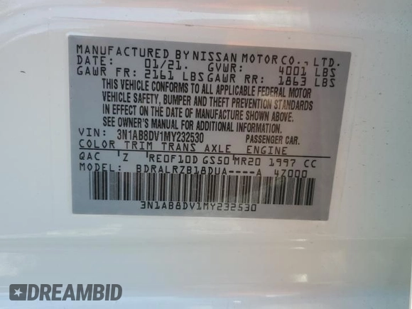 2021 Nissan Sentra SR z VIN 3N1AB8DV1MY232530, wystawiony jako Copart lot #54959545 z przebiegiem 31 522 mil mil oraz Szkoda całkowita • Salvage title. Historia ofert i sprzedaży dostępna na DreamBid. Obrazek 12.
