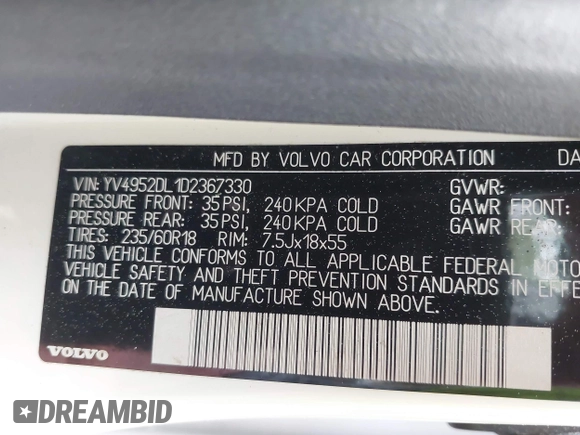 2013 Volvo XC60 3.2L with VIN YV4952DL1D2367330, listed as a IAAI auction lot 42197516 with 102,612 mi miles and . Bid and sale history available at DreamBid. Image 9.