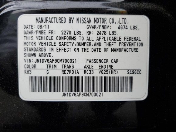 2012 Infiniti G25 Sedan Journey with VIN JN1DV6AP9CM700021, listed as a Copart auction lot 43631315 with 133,822 mi miles and Salvage Title. Bid and sale history available at carsss.com. Image 13.