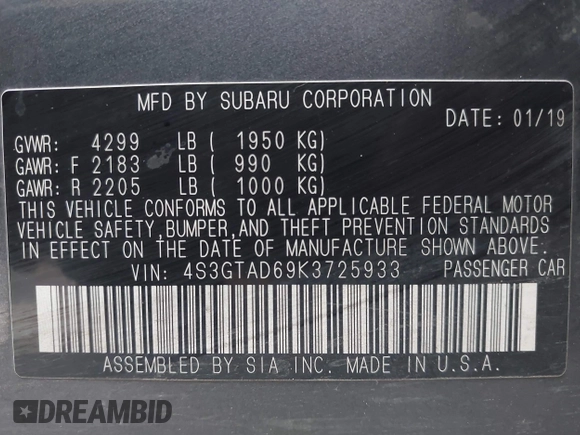 2019 Subaru Impreza Premium z VIN 4S3GTAD69K3725933, wystawiony jako IAAI lot #41919500 z przebiegiem 102 556 mil mil oraz . Historia ofert i sprzedaży dostępna na DreamBid. Obrazek 9.