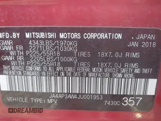 2018 Mitsubishi Outlander SE with VIN JA4AP3AW4JU001953, listed as a IAAI auction lot 41686918 with 110,400 mi miles and . Bid and sale history available at DreamBid. Image 9.