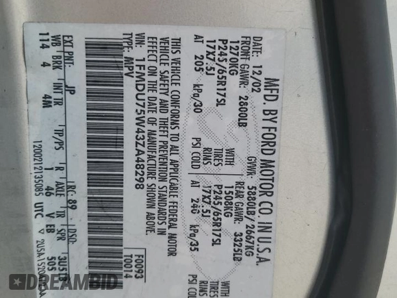 2003 Ford Explorer Limited z VIN 1FMDU75W43ZA48298, wystawiony jako Copart lot #53734145 z przebiegiem 208 053 mil mil oraz Szkoda całkowita • Salvage title. Historia ofert i sprzedaży dostępna na DreamBid. Obrazek 13.
