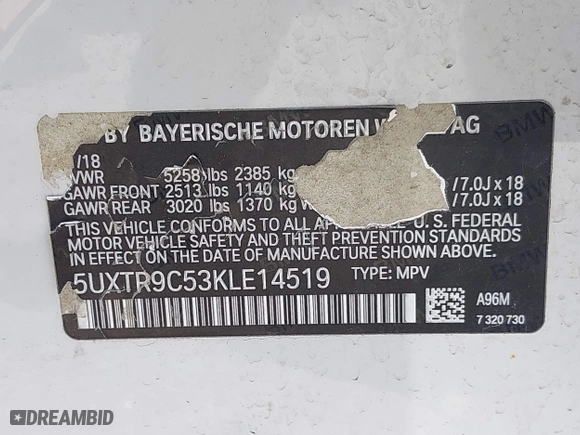 2019 BMW X3 xDrive30i with VIN 5UXTR9C53KLE14519, listed as a IAAI auction lot 41747651 with 141,273 mi miles. Bid and sale history available at carsss.com. Image 9.