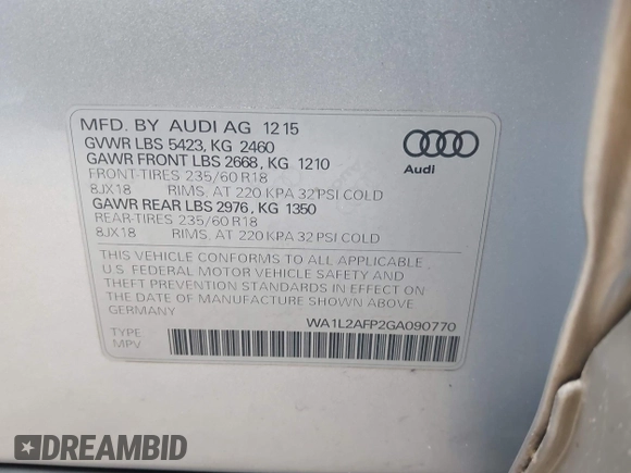 2016 Audi Q5 Premium Plus with VIN WA1L2AFP2GA090770, listed as a IAAI auction lot 41905423 with 252,304 mi miles. Bid and sale history available at carsss.com. Image 9.