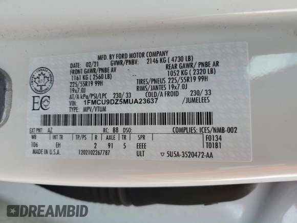 2021 Ford Escape Titanium Hybrid с VIN 1FMCU9DZ5MUA23637, выставлен на аукционе Copart как лот 51991185 с пробегом 101 012 миль миль и Чистый • Clean title. История ставок и продаж доступна на DreamBid. Изображение 13.