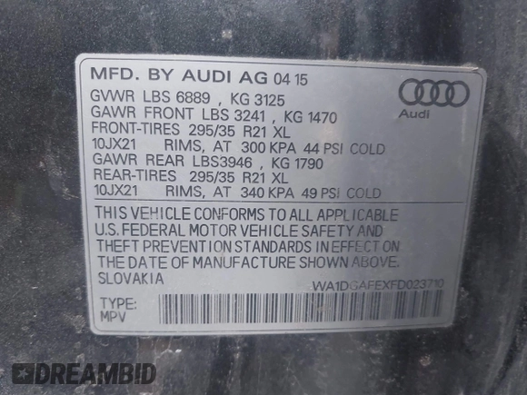 2015 Audi Q7 S line Prestige with VIN WA1DGAFEXFD023710, listed as a IAAI auction lot 41499428 with 165,787 mi miles and . Bid and sale history available at DreamBid. Image 9.