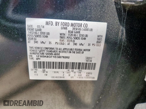 2014 Ford Explorer Sport with VIN 1FM5K8GT1EGB78282, listed as a Copart auction lot 56818485 with 145,156 mi miles and Salvage title. Bid and sale history available at DreamBid. Image 14.
