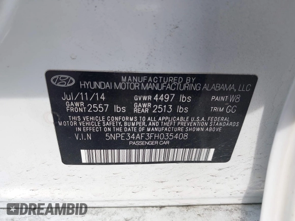 2015 Hyundai Sonata 2.4L Sport with VIN 5NPE34AF3FH035408, listed as a IAAI auction lot 41131154 with 107,308 mi miles. Bid and sale history available at carsss.com. Image 9.
