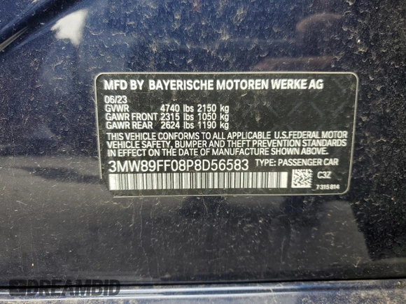 2023 BMW 3 Series 330i xDrive with VIN 3MW89FF08P8D56583, listed as a Copart auction lot 46220325 with 15,606 mi miles and Salvage Title. Bid and sale history available at carsss.com. Image 12.