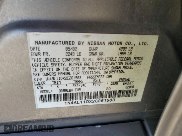 2002 Nissan Altima SL with VIN 1N4AL11DX2C261503, listed as a Copart auction lot 87508405 with 142,622 mi miles and Salvage Title. Bid and sale history available at carsss.com. Image 12.