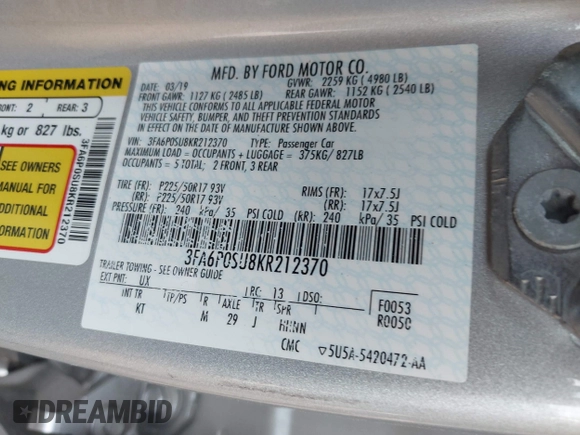 2019 Ford Fusion Titanium with VIN 3FA6P0SU8KR212370, listed as a IAAI auction lot 42114934 with 42,521 mi miles and . Bid and sale history available at DreamBid. Image 9.