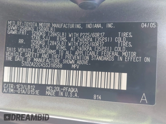 2005 Toyota Sienna XLE with VIN 5TDZA22C45S318568, listed as a IAAI auction lot 42225965 with 183,393 mi miles and . Bid and sale history available at DreamBid. Image 9.