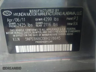 2011 Hyundai Sonata GLS with VIN 5NPEB4AC0BH278645, listed as a IAAI auction lot 41453546 with 161,328 mi miles. Bid and sale history available at carsss.com. Image 9.