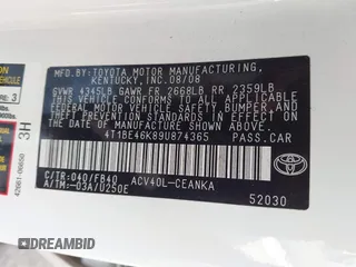 2009 Toyota Camry with VIN 4T1BE46K89U874365, listed as a IAAI auction lot 41791940 with 175,514 mi miles. Bid and sale history available at carsss.com. Image 9.