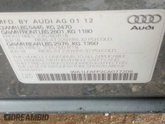 2012 Audi Q5 Premium Plus with VIN WA1LFAFP2CA077208, listed as a IAAI auction lot 42338739 with 141,467 mi miles and . Bid and sale history available at DreamBid. Image 9.