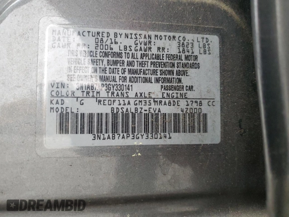 2016 Nissan Sentra SV with VIN 3N1AB7AP3GY330141, listed as a Copart auction lot 50965225 with 95,435 mi miles and Salvage Title. Bid and sale history available at DreamBid. Image 12.