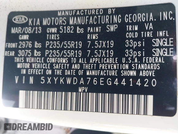 2014 Kia Sorento SX Limited with VIN 5XYKWDA76EG441420, listed as a IAAI auction lot 41876721 with 173,021 mi miles. Bid and sale history available at carsss.com. Image 9.