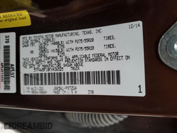 2015 Toyota Tundra 4WD Truck Platinum with VIN 5TFAW5F10FX436525, listed as a Copart auction lot 78432194 with 135,093 mi miles and Salvage Title. Bid and sale history available at carsss.com. Image 12.