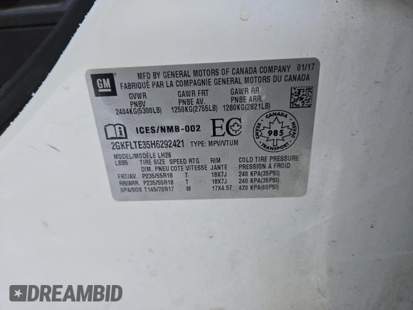 2017 GMC Terrain SLE with VIN 2GKFLTE35H6292421, listed as a Copart auction lot 43566845 with 117,816 mi miles and Clean Title. Bid and sale history available at carsss.com. Image 13.