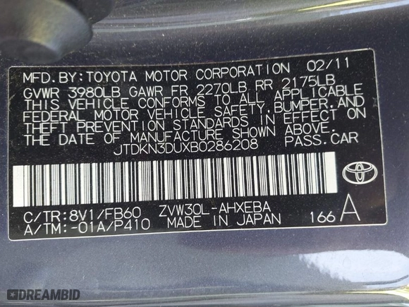 2011 Toyota Prius I with VIN JTDKN3DUXB0286208, listed as a IAAI auction lot 41858933 with 190,127 mi miles. Bid and sale history available at carsss.com. Image 9.