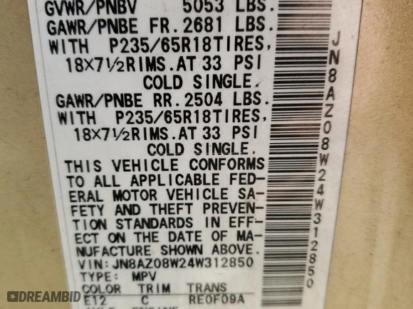2004 Nissan Murano SL with VIN JN8AZ08W24W312850, listed as a Copart auction lot 75202134 with 0 mi miles and Clean Title. Bid and sale history available at carsss.com. Image 16.