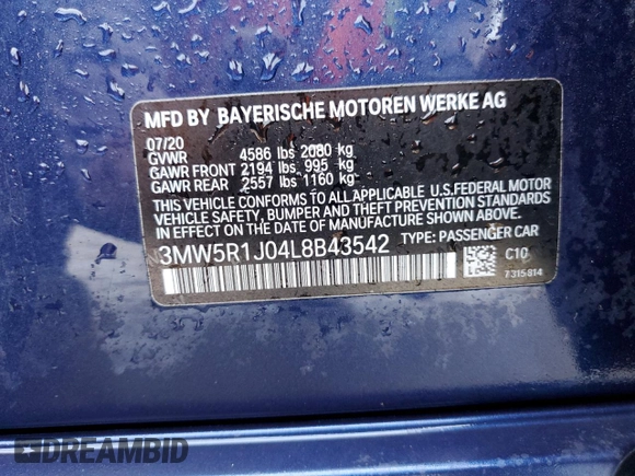 2020 BMW 3 Series 330i with VIN 3MW5R1J04L8B43542, listed as a Copart auction lot 52710145 with 58,597 mi miles and Clean title. Bid and sale history available at DreamBid. Image 13.