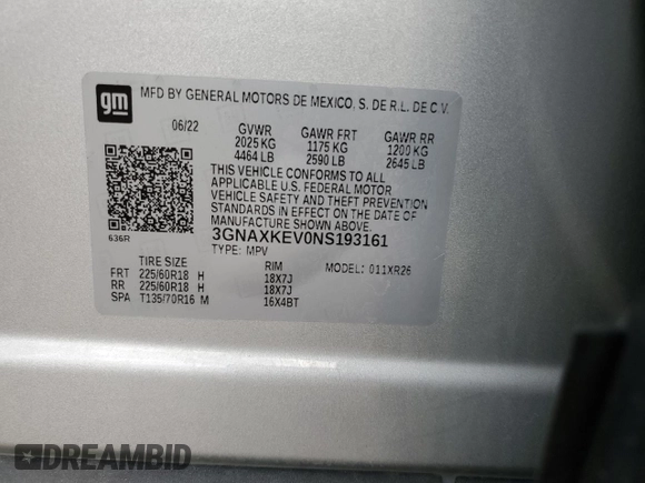 2022 Chevrolet Equinox LT z VIN 3GNAXKEV0NS193161, wystawiony jako Copart lot #51923055 z przebiegiem 52 315 mil mil oraz Szkoda całkowita • Salvage title. Historia ofert i sprzedaży dostępna na DreamBid. Obrazek 13.