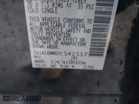 2015 Infiniti QX60 with VIN 5N1AL0MM0FC542517, listed as a IAAI auction lot 41544061 with Not provided miles and . Bid and sale history available at DreamBid. Image 9.