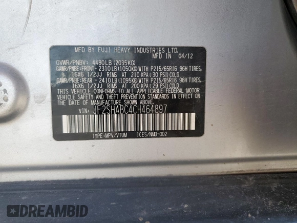 2012 Subaru Forester 2.5X with VIN JF2SHABC4CH464897, listed as a Copart auction lot 51436845 with 169,492 mi miles and Salvage Title. Bid and sale history available at carsss.com. Image 16.